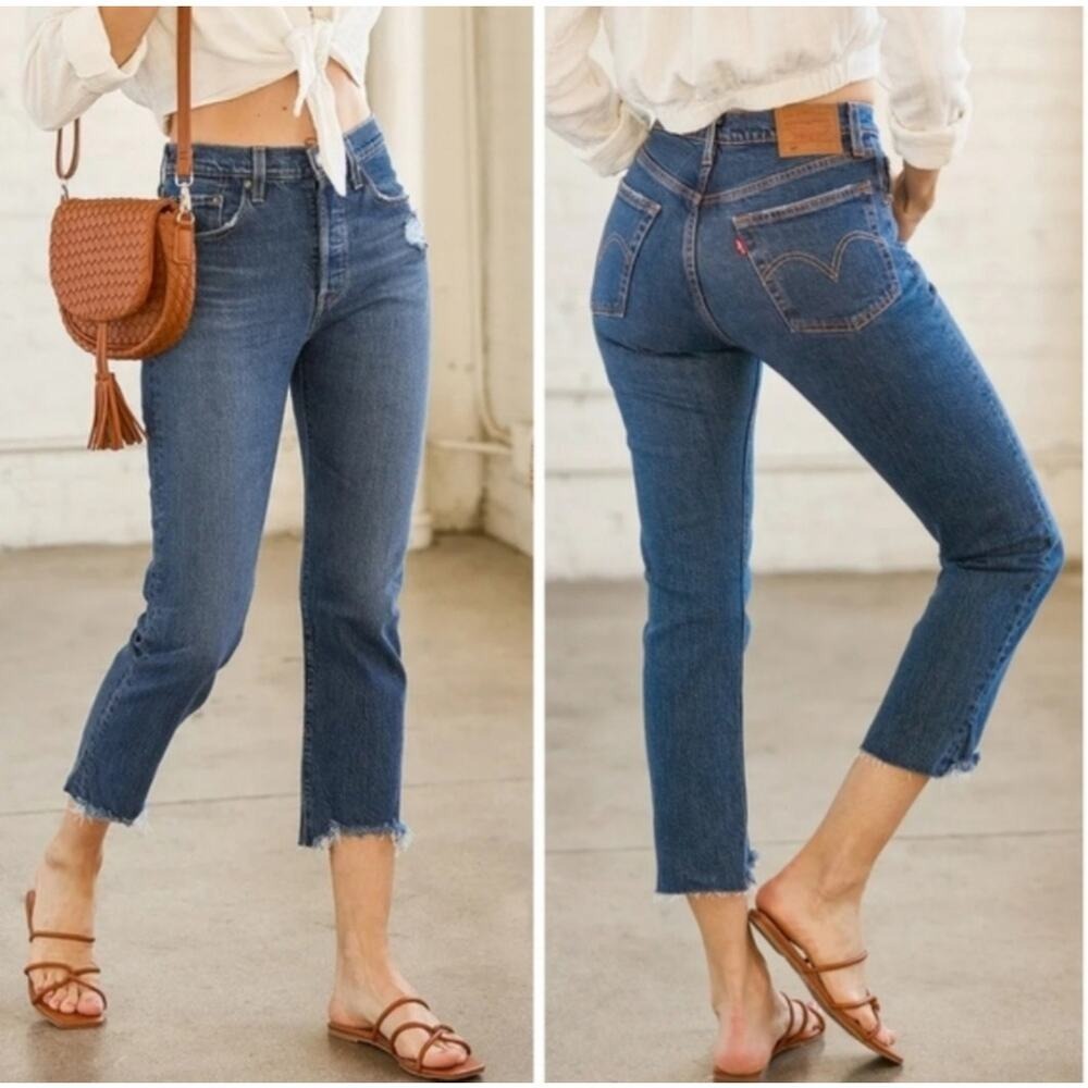 Levi's 501 Original Cropped High Rise Straight Leg‎ Jeans Medium Wash Distressed